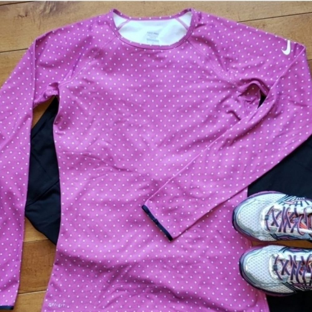 Nike Pro Warm Long Sleeve Top Pink Polka Dot Women's Size Medium